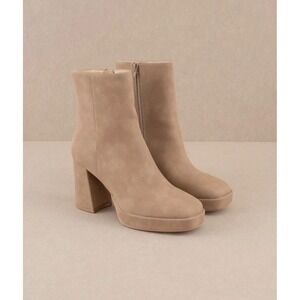 NWT Oasis Society Tan Vegan Suede Leather Square Toe Platform Block Heel Boots 6